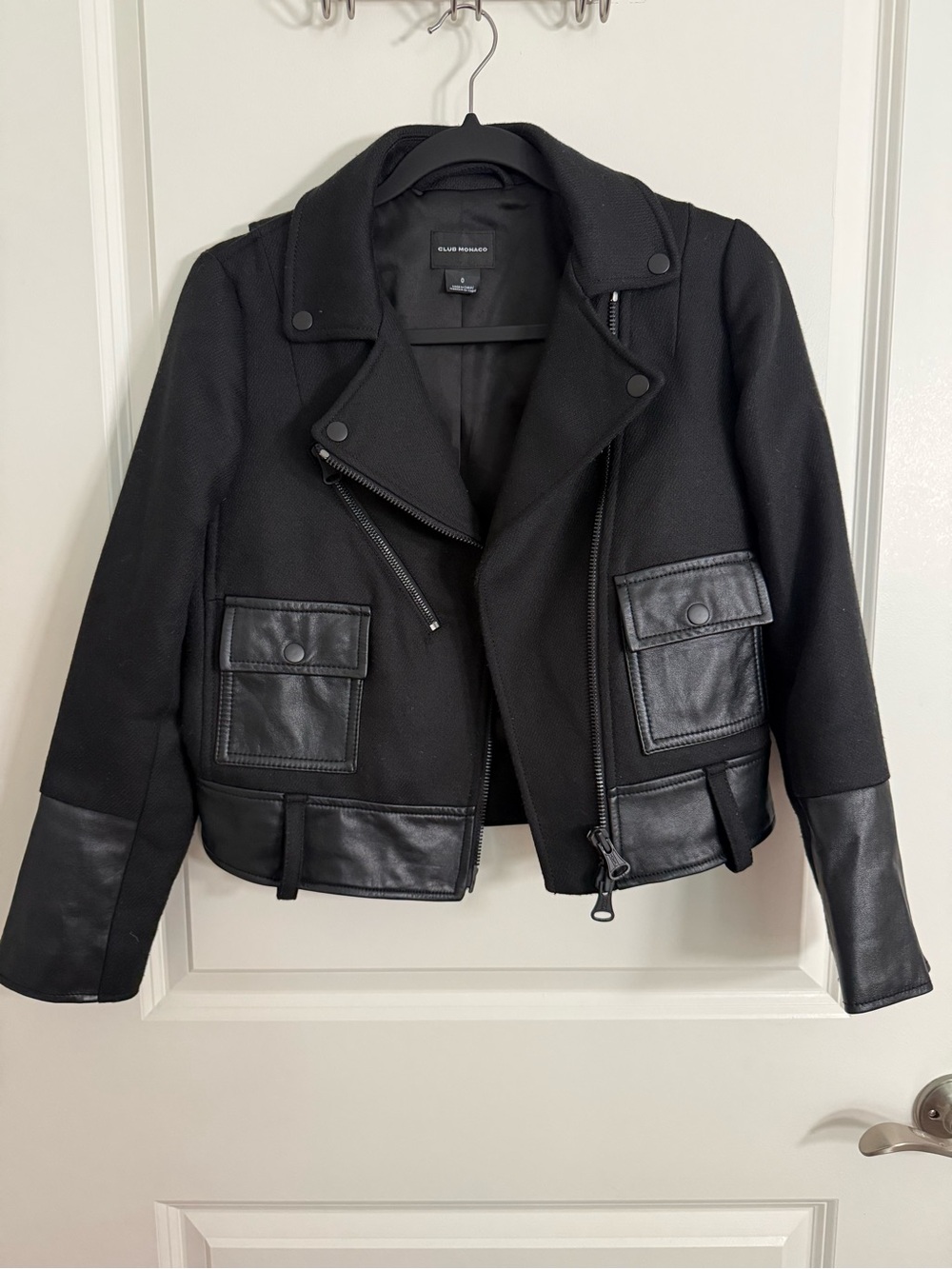 Club Monaco Black Mixed-Fabric Moto Jacket with Faux Leather Trim
